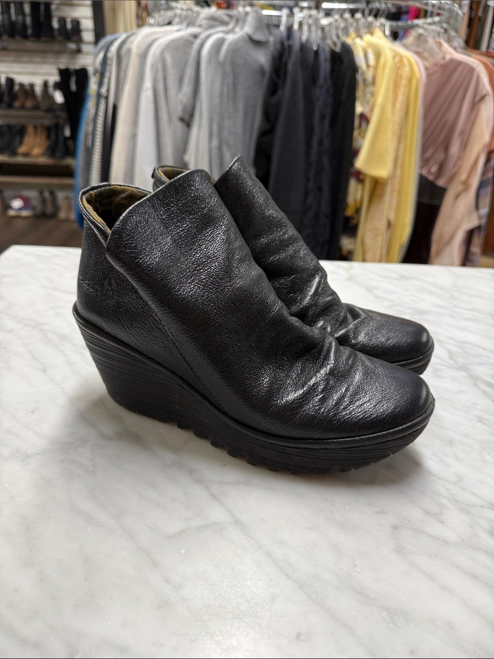 Fly London Black Platform Yip Wedge Ankle Size 39